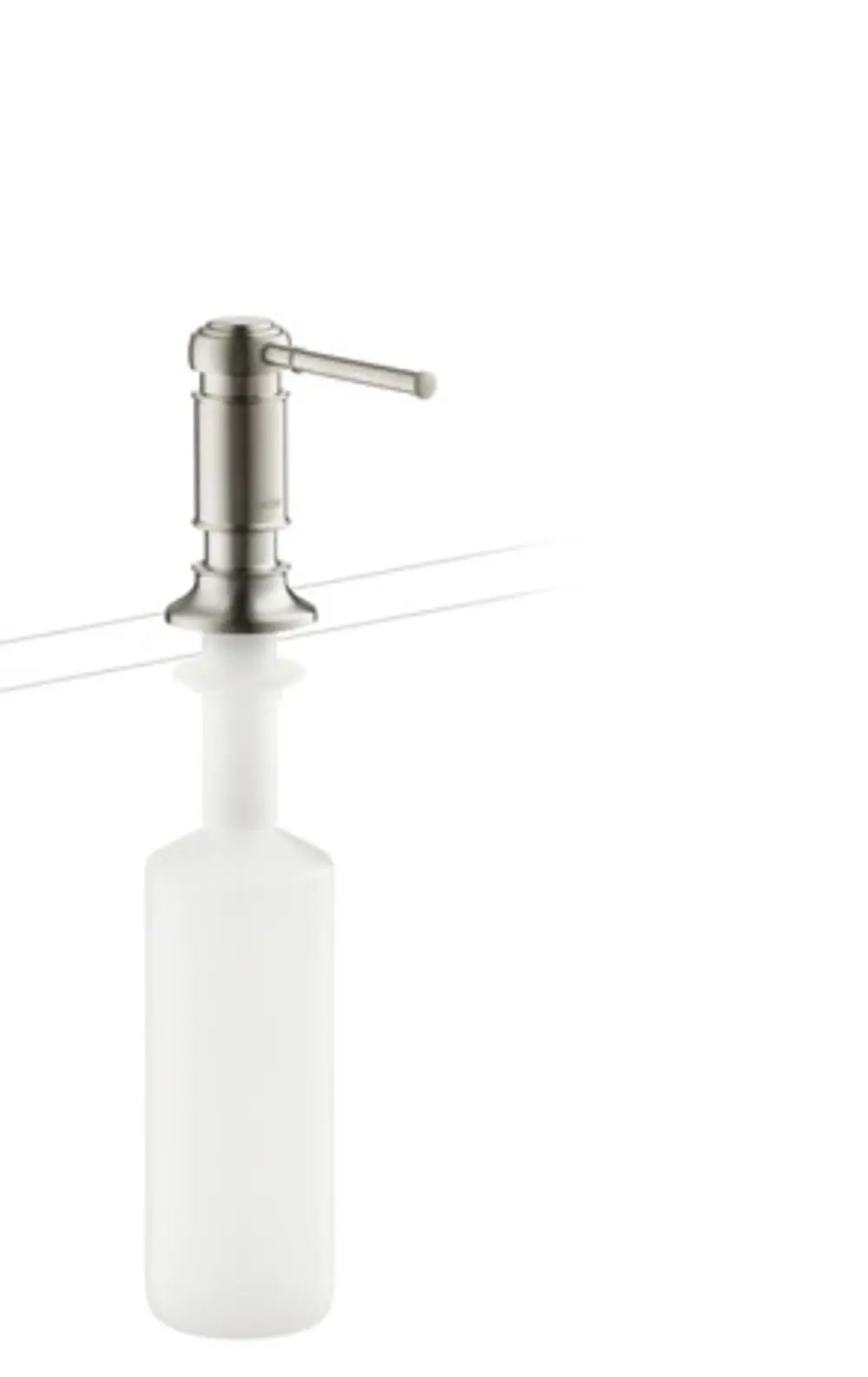 Edelstahl Spender für Spülmittel oder Lotion mit Hebelmechanismus, montiert auf einer Fläche, gestaltet von AXOR.